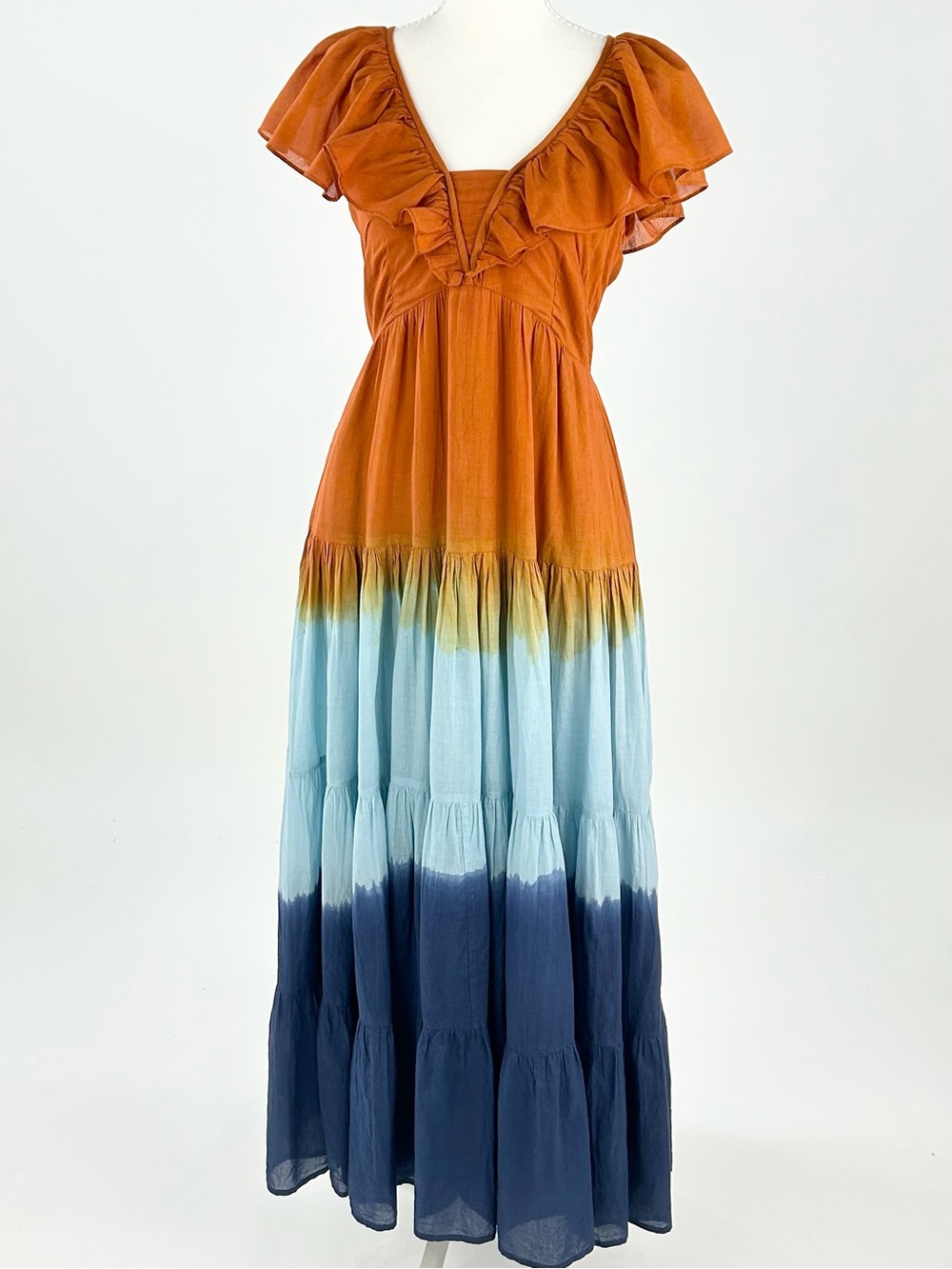 BANJANAN Dip Dye Ombré Ruffle Tiered Maxi Dress Orange Blue Cotton XS